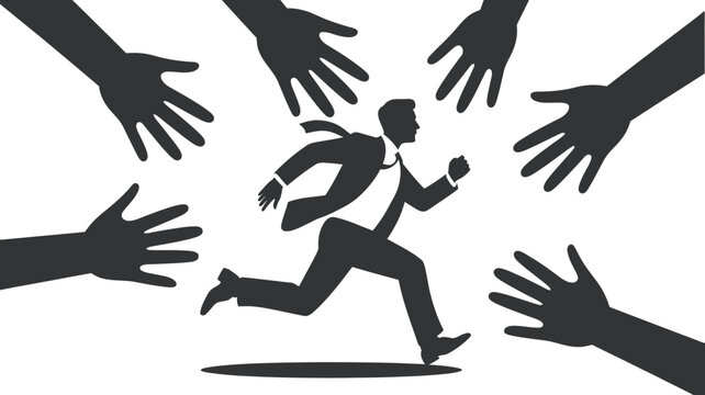 Businessman in suit running from reaching hands silhouette with businessman silhouette pressure grasping