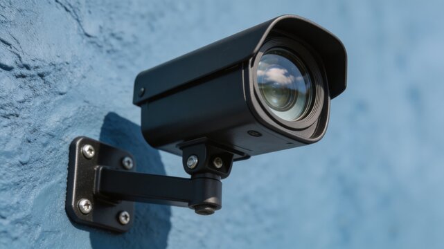 A black security camera is mounted on a blue wall for property management and surveillance purposes, providing a sense of safety and protection.