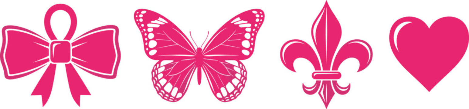 Detailed pink flat vector illustration collection featuring a decorative bow butterfly fleur de lis and heart icons for romantic designs
