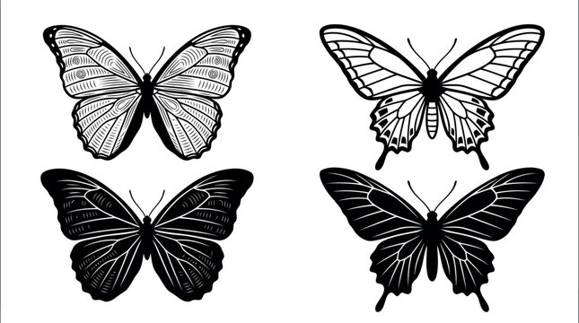 Black and white butterfly vector icons, set of 4, monochrome illustrations, insect graphics