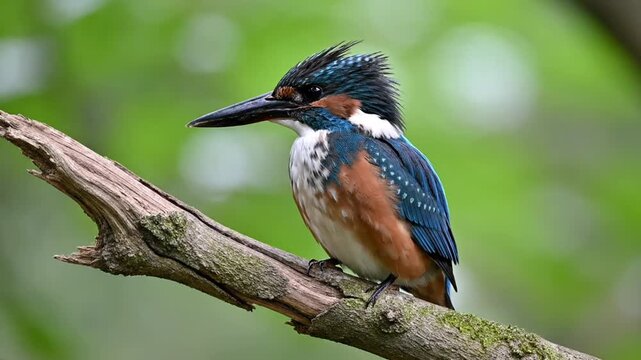 Common Kingfisher bird with open beak on branch