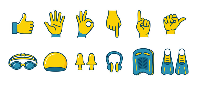 Swimming gear and hand gestures icons set, water sports equipment accessories and communication signs, vector collection for pool activities and fitness training, flat design elements isolated on whit