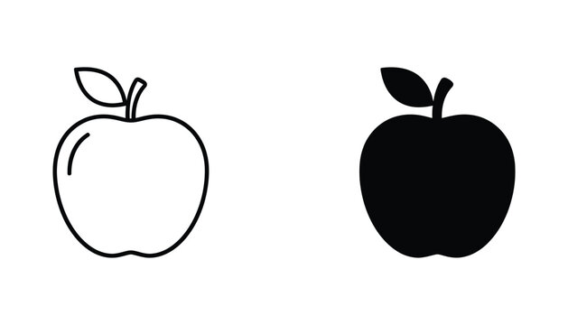 Fresh red apple fruit with leaf vector icon set in outline and solid black silhouette style