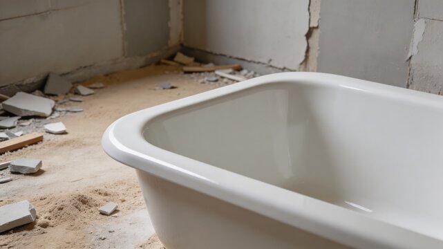 A partially renovated bathroom with a white bathtub and scattered tiles on the floor, showcasing the process of property management and maintenance.