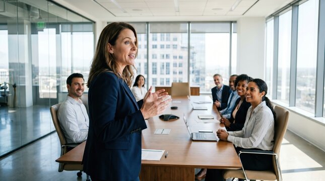 Confident businesswoman leading diverse team meeting in modern glass office with city views, presenting strategy and engaging colleagues with professional energy and collaboration
