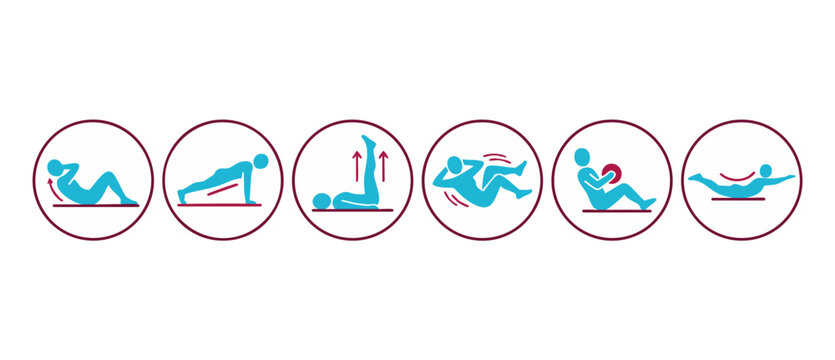 Core Workout Exercises Icons Set, Abs Training Fitness Movements Vector, Healthy Lifestyle Routine Illustrations for Gym Programs, Personal Training Guide, Minimalist Graphic Symbols for Fitness App D