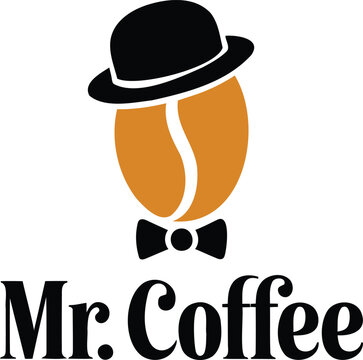 A coffee bean wearing a bowler hat and bow tie with Mr Coffee text