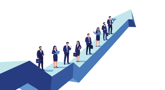 Strategic corporate team achieving exponential growth and market expansion on a conceptual rising arrow graph for B2B success