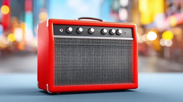 Retro red guitar amplifier with metal grille and control knobs