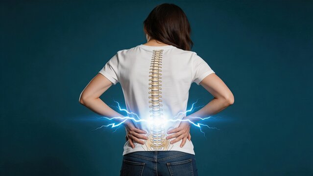 Woman experiencing acute lower back pain with glowing spine visualization medical health concept showing lumbar discomfort sciatica injury and body anatomy illustration on dark