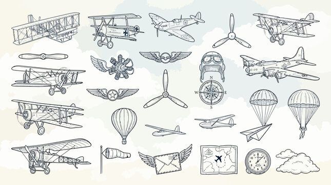 A vintage collection of hand-drawn aviation illustrations, featuring various aircraft, propellers, parachutes, and navigational tools, set against a cloudy sky background.