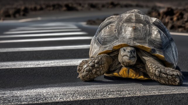 Giant tortoise crossing rural asphalt road with clear white stripes