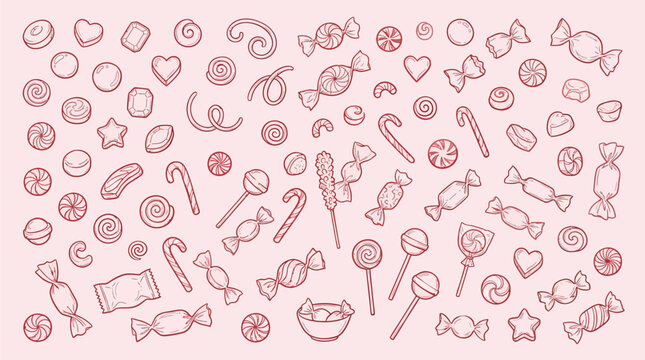 A delightful collection of hand-drawn candies and sweets, featuring a variety of shapes and wrappers, presented in a charming, whimsical style on a soft pink background.