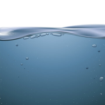 Realistic blue water surface with bubbles and ripples. Underwater background with splash and wave effects isolated on white. Vector illustration.