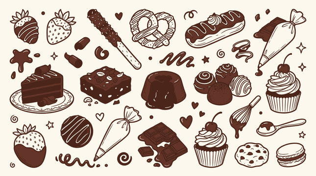 A delightful collection of hand-drawn chocolate desserts and sweets, perfect for baking and confectionery themes.