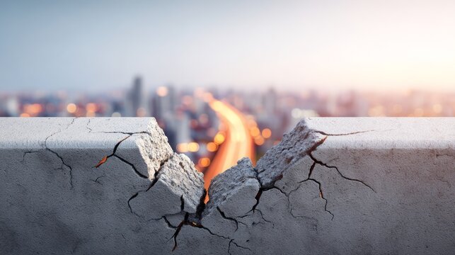 Cracked concrete wall with deep fissure and blurred city background