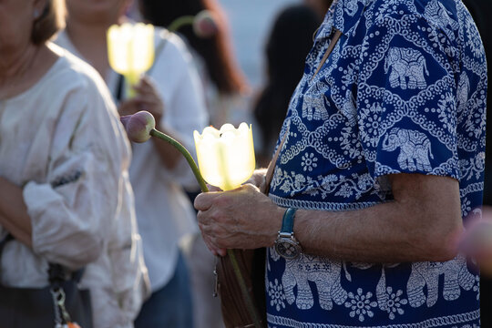 Male believer holding lantern and lotus flower walking in candlelight procession around Buddha statue on Makha Bucha Day at Phutthamonthon, close up.