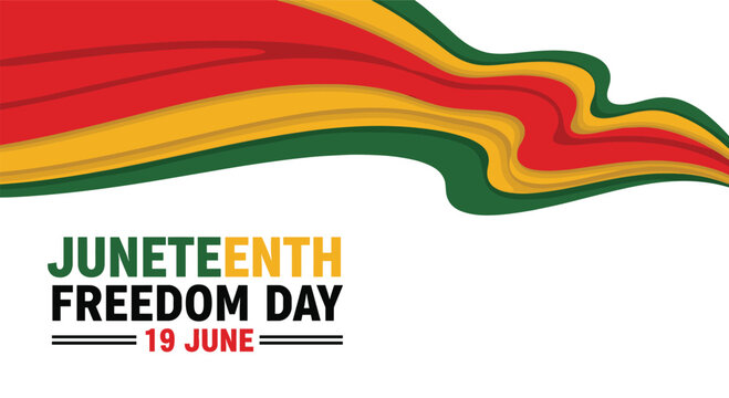 Juneteenth banner displays a flowing ribbon of red, yellow, and green colors with bold typography marking the nineteenth of June.