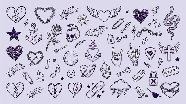 Collection of hand-drawn tattoo style icons including hearts, skulls, snakes, and musical notes.