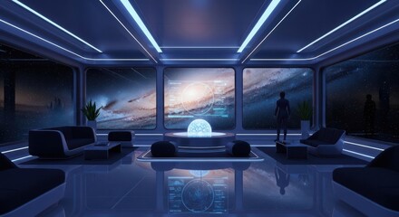 Fototapeta premium Futuristic living room with neon lights and large windows showing planet scifi interior