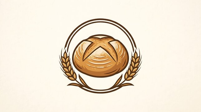 Vintage-style bakery logo or emblem featuring a rustic round loaf of crusty bread centered within a circular frame and flanked by two golden stalks of wheat on a light textured background