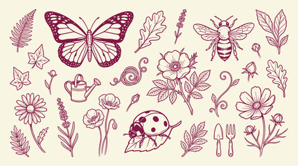 Hand-drawn garden insects and flowers illustration set in vintage style. © KN collection