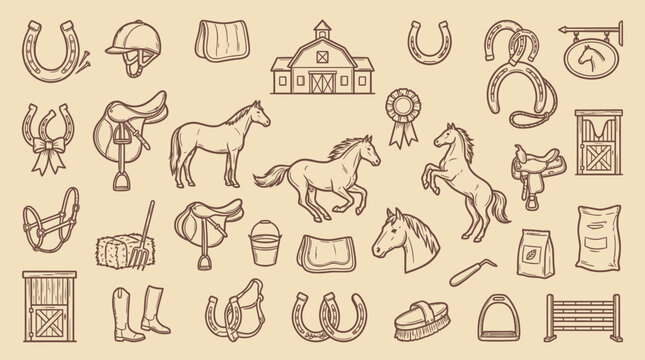 Collection of equestrian equipment and horse-related items, including saddles, horseshoes, helmets, and a barn.