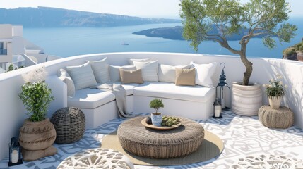 Naklejka premium Santorini Oasis: A Terrace With Breathtaking Aegean Views