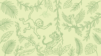 A whimsical jungle scene illustration featuring a playful monkey swinging from vines, a curious tiger cub hanging on, and a parrot perched on a branch amidst lush foliage. © KN collection