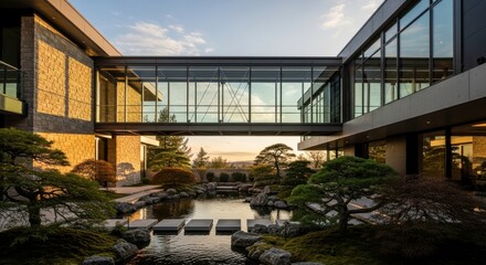 Fototapeta premium modern building with glass walkway and serene japanese garden high quality professional