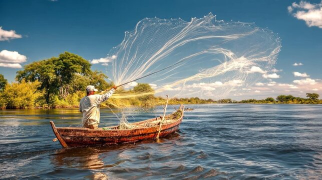Fisherman casting large fishing net from wooden boat on calm water