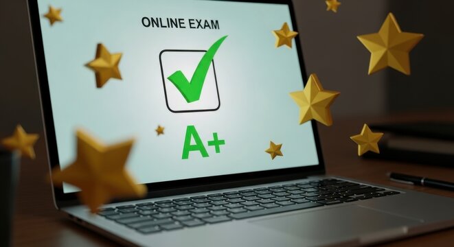 Laptop displaying online exam success with A+ grade and gold stars