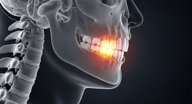 Transparent human head and jaw anatomy showing highlighted teeth indicating pain or inflammation