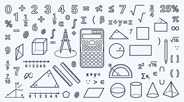 A comprehensive collection of mathematical symbols, geometric shapes, and tools, illustrating various concepts in mathematics and calculation.