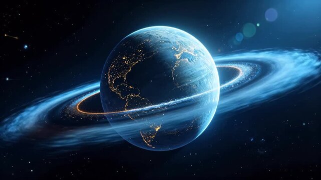 Earth planet with glowing blue ring in deep space