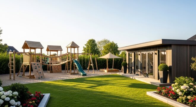 A luxury backyard with a custom wooden playground and modern house