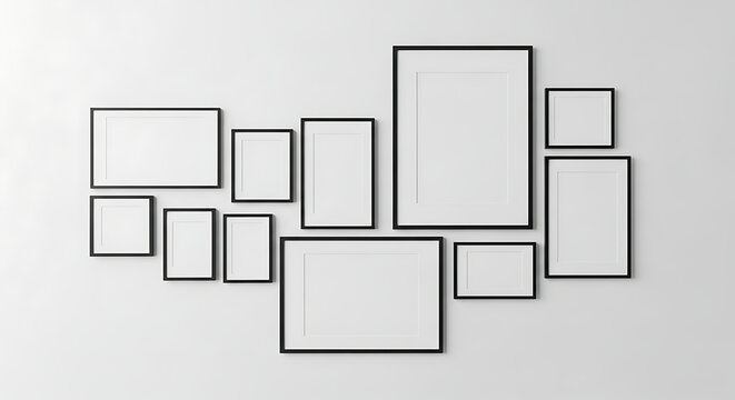 Large gallery wall layout featuring numerous empty black picture frames of various sizes on a white wall interior photography composition frame set minimalist frame collection rectangle