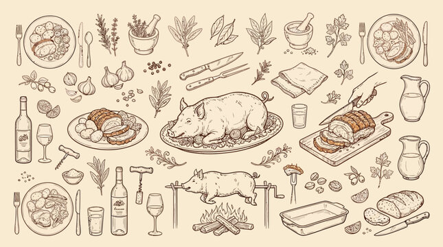 A detailed illustration of a rustic feast featuring roasted pigs, carved meats, wine, bread, and various herbs and spices, evoking a sense of abundance and traditional culinary practices.