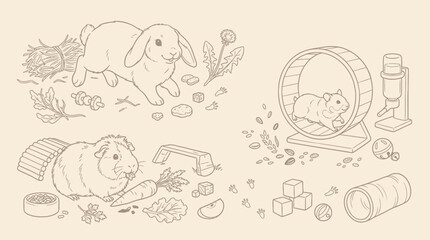 A charming line drawing illustrates various small pets like rabbits and guinea pigs, surrounded by their toys, food, and accessories, set against a neutral background. © KN collection