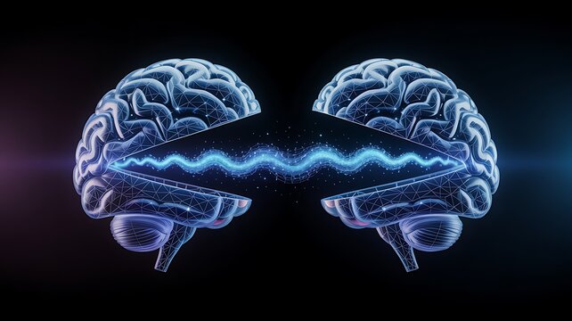 Digital representation of two human brains connecting and communicating through a glowing energy wave