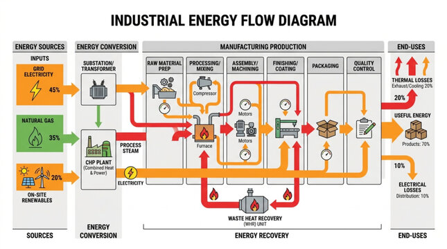 Industrial Energy Flow Diagram Illustrating Process Efficiency.