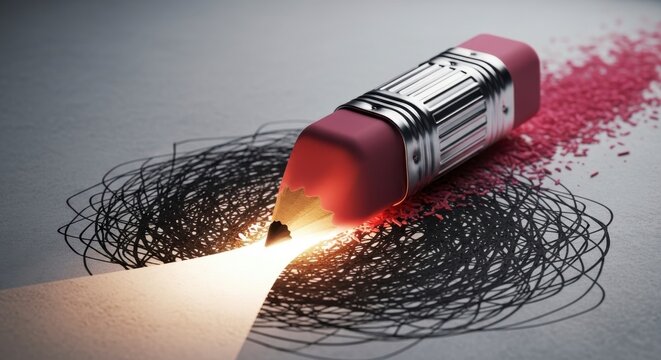 Eraser on pencil erasing scribbles with glowing effect