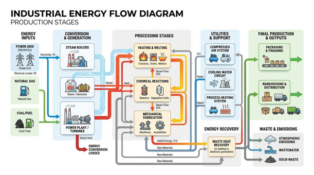 Industrial Energy Flow Diagram Illustration.