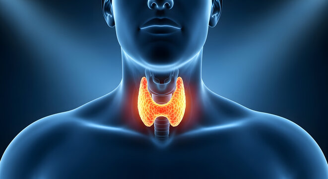 Transparent human neck and chest anatomy highlighting a glowing active thyroid gland