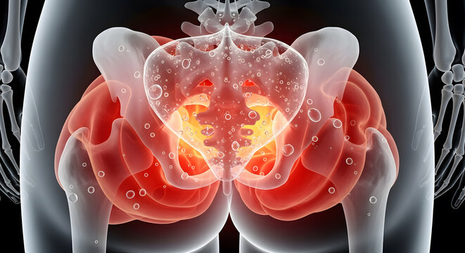 Transparent human pelvis and hip bones highlighting a central area of pain or discomfort within the skeletal structure