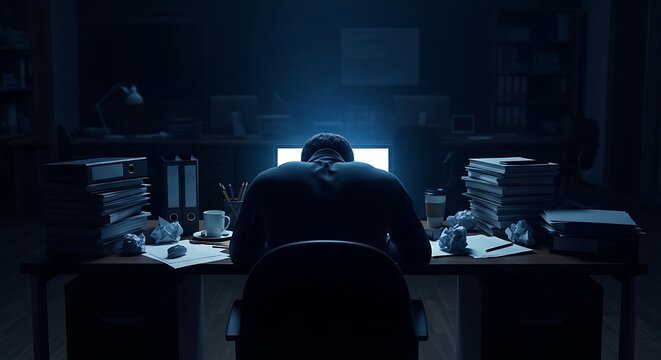 Person sitting at a desk in a dark office late at night, slumped over a computer screen surrounded by stacks of paper and crumpled documents