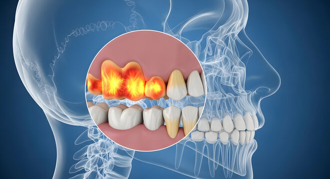 Transparent human skull profile showing a magnified view of inflamed gums and periodontal disease in the jaw