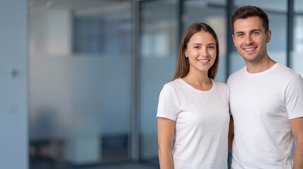 Fototapeta premium Happy Young Couple Smiling in Blank White T Shirts Against Blurred Glass Office