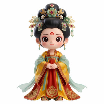 Cute Chibi Clay Figurine of Tang Dynasty Chinese Princess in Royal Red and Gold Hanfu with Ornate Headdress, Traditional Imperial Beauty on White Background
