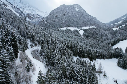 Aerial view of Grand Paradis in Swiss mountain and dense snow-covered pine forests under an overcast winter sky in Champery, Valais, Switzerland.